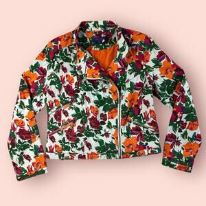 Twiggy London Red Floral Moto Zip Crop Denim Jean Jacket White Medium Spring